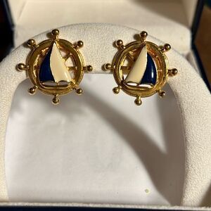 Vintage Avon Stud Earrings Nautical Sailboats White Blue Enamel Sail Gold